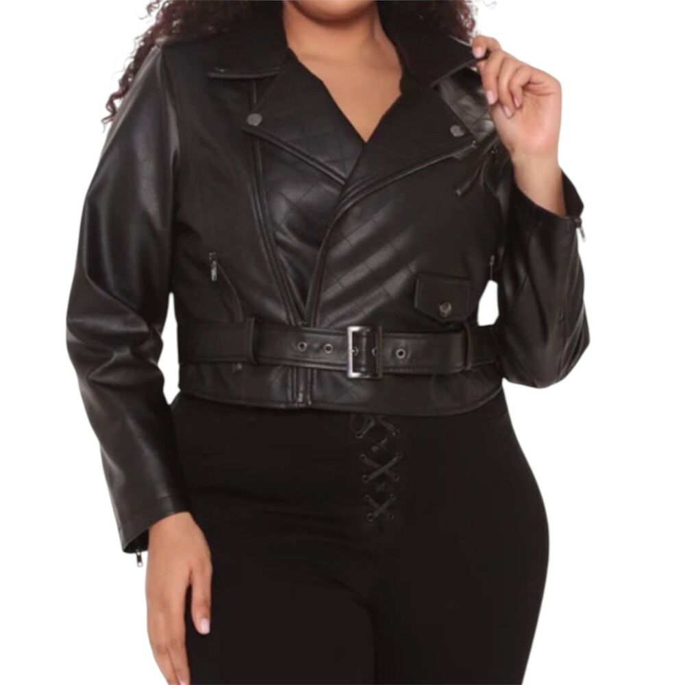 Fashion Nova Not a Quilter Black Faux Leather Biker Moto Jacket Women's Large